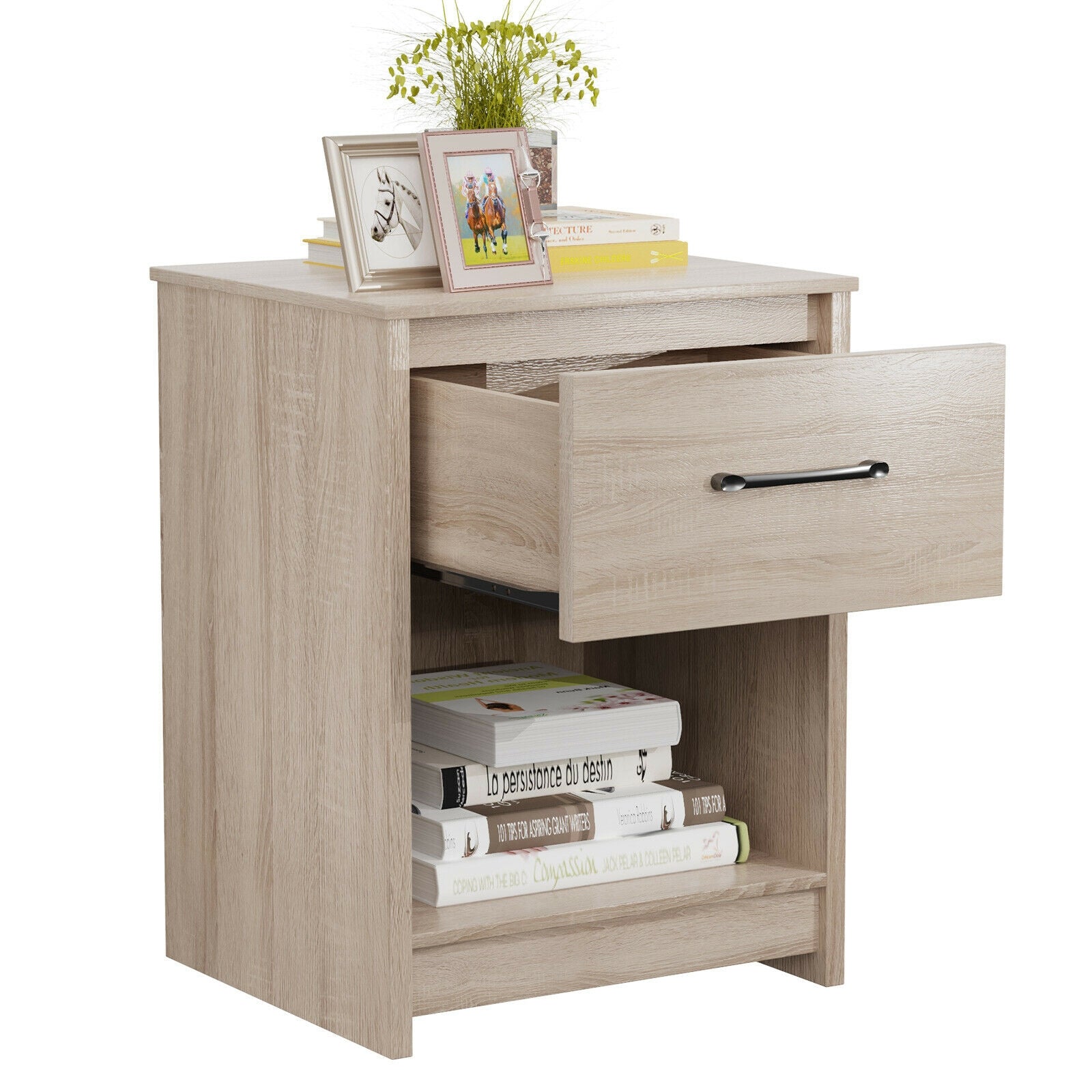Wooden Nightstand with Drawer and Open Storage Compartment-Natural