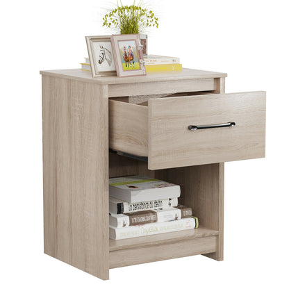 Wooden Nightstand with Drawer and Open Storage Compartment-Natural