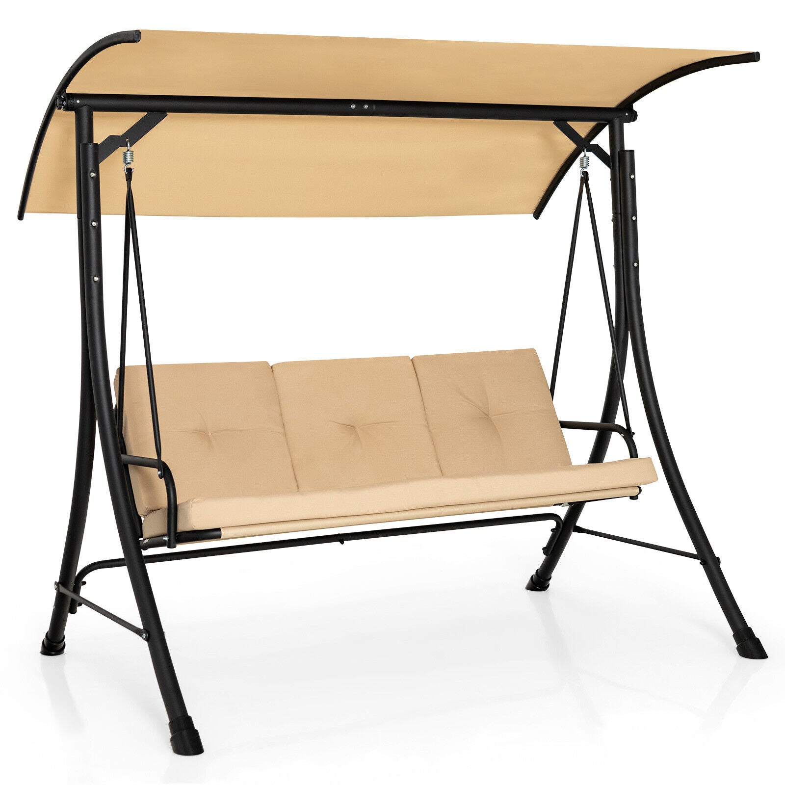 3-Seat Outdoor Porch Swing with Adjustable Canopy and Padded Cushions-Brown - Beige