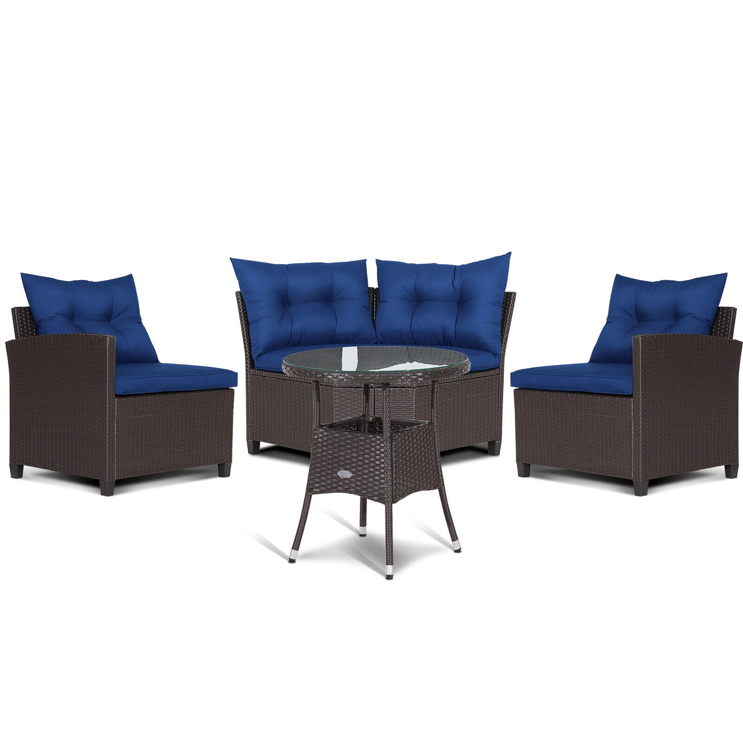 4 Pieces Patio Rattan Furniture Set Cushioned Sofa Glass Table-Navy