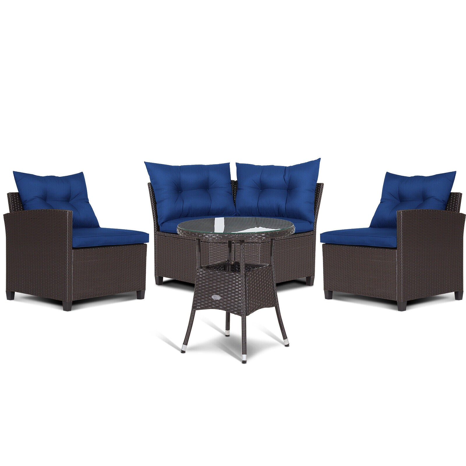 4 Pieces Patio Rattan Furniture Set Cushioned Sofa Glass Table-Navy