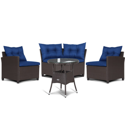 4 Pieces Patio Rattan Furniture Set Cushioned Sofa Glass Table-Navy