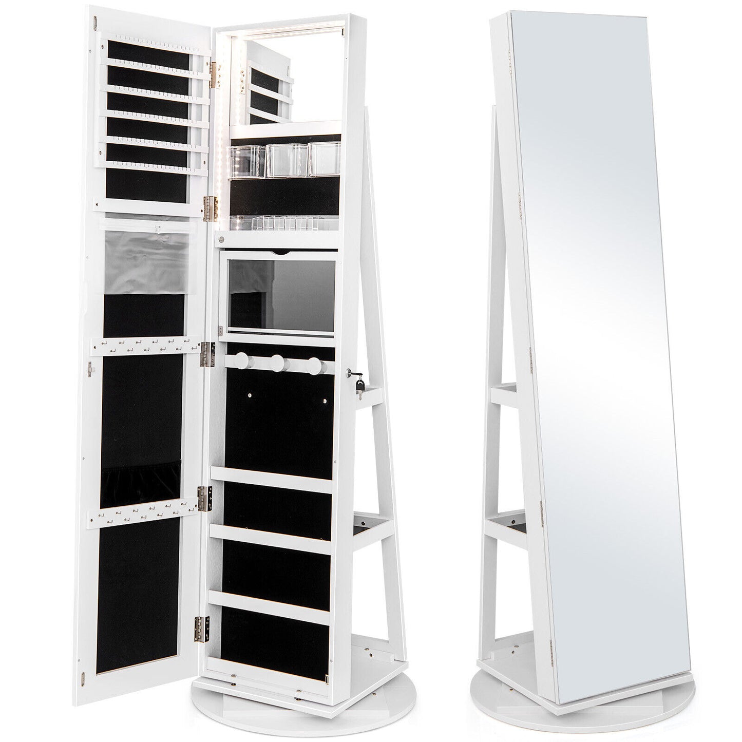 360° Rotating Mirrored Jewelry Cabinet Armoire 3 Color LED Modes Lockable-Pink - White