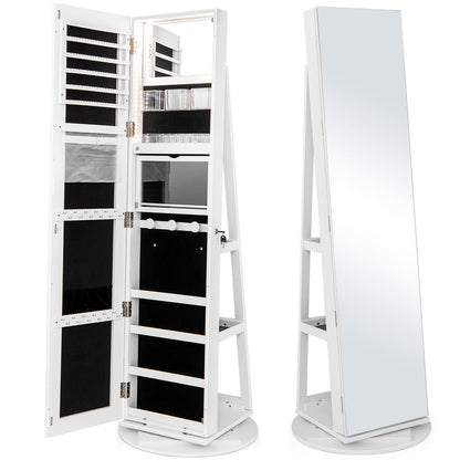 360° Rotating Mirrored Jewelry Cabinet Armoire 3 Color LED Modes Lockable-Pink - White