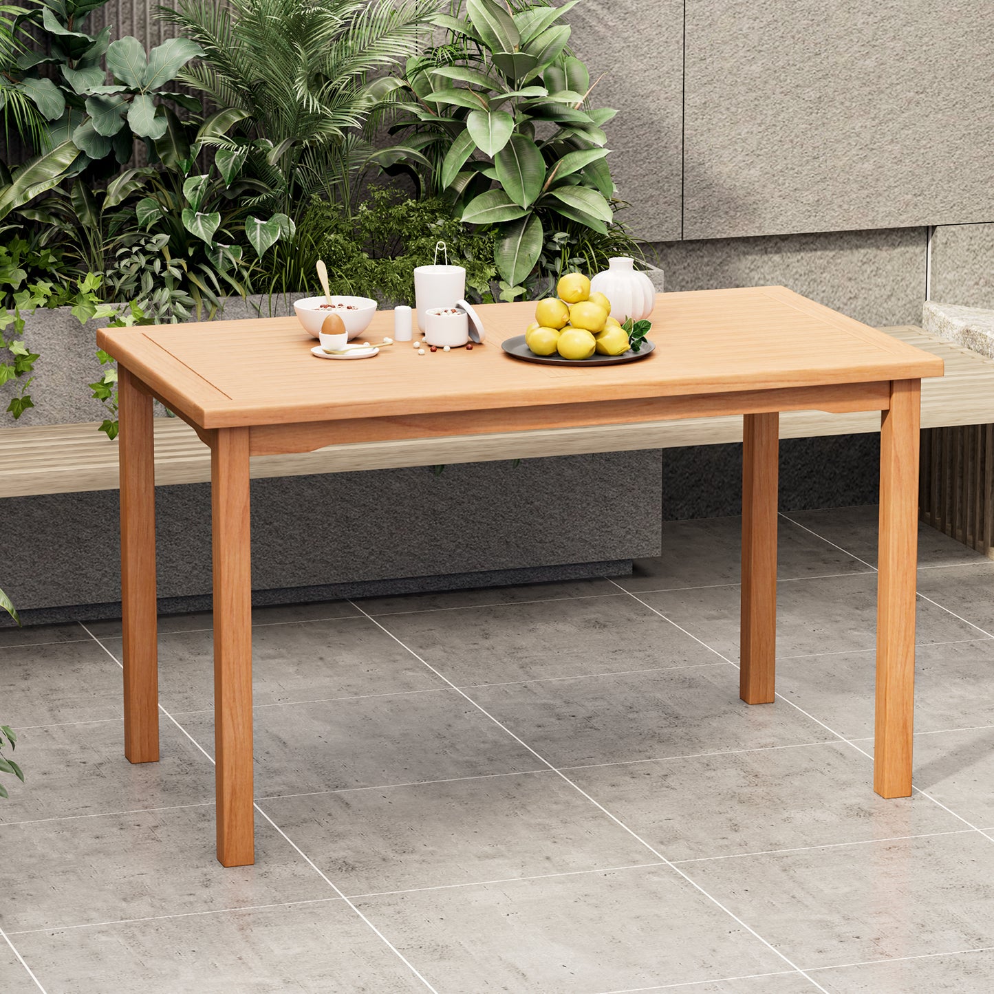 49 Inch Rectangle Patio Indonesia Teak Wood Dining Table with Slatted Tabletop Up to 6