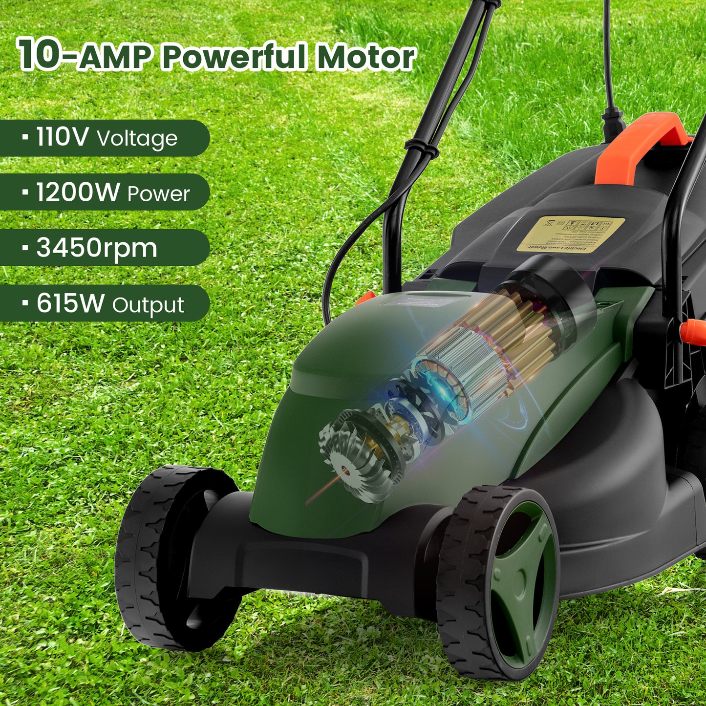 10 AMP 13 Inch Electric Corded Lawn Mower with Collection Box