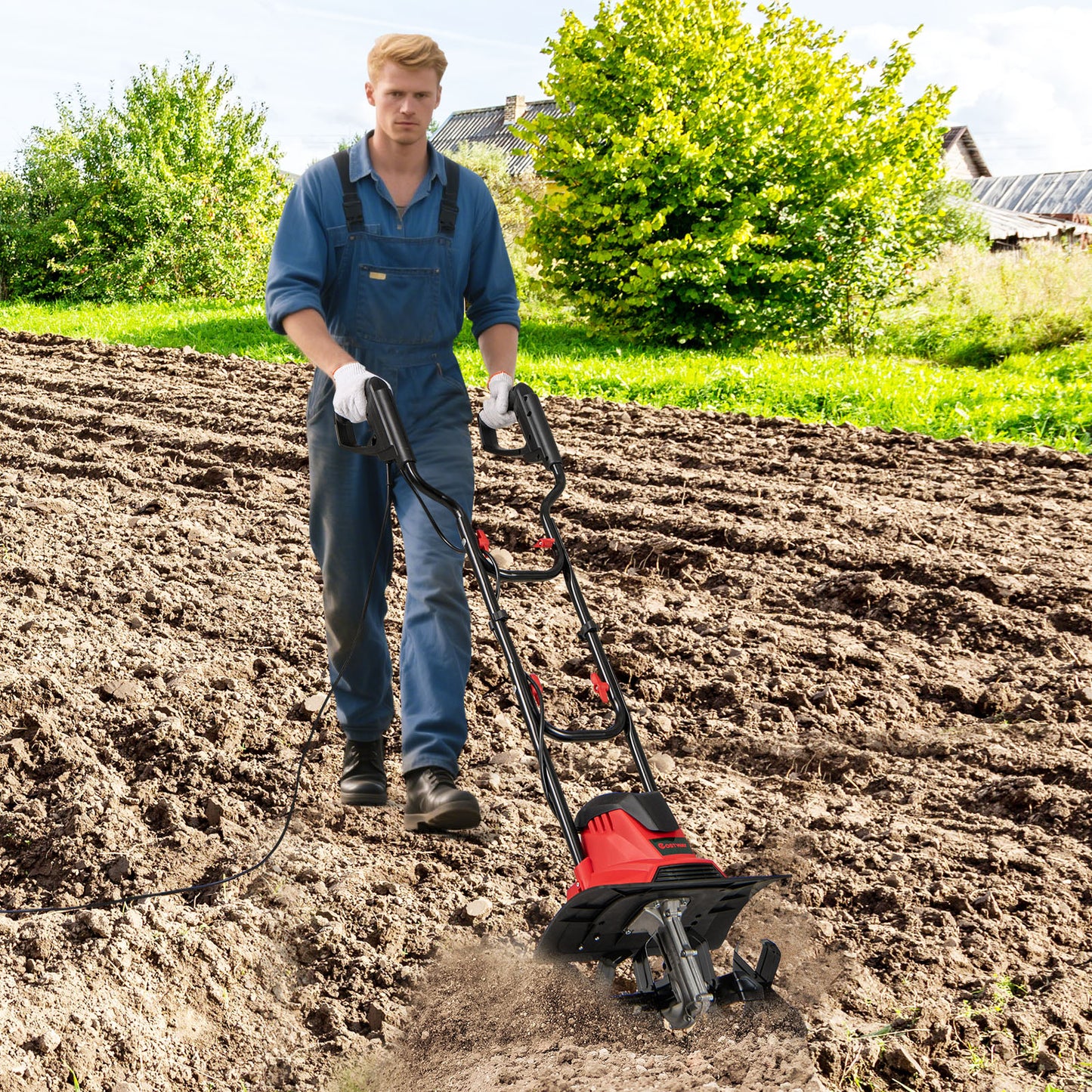 10 Amp Powerful Corded Electric Tiller Cultivator with Safety Lock-Red