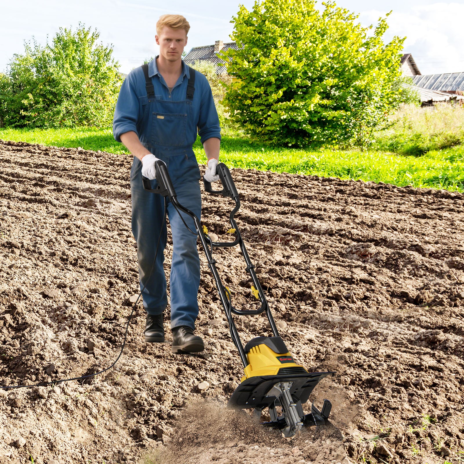 10 Amp Powerful Corded Electric Tiller Cultivator with Safety Lock-Yellow