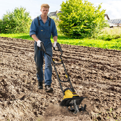 10 Amp Powerful Corded Electric Tiller Cultivator with Safety Lock-Yellow