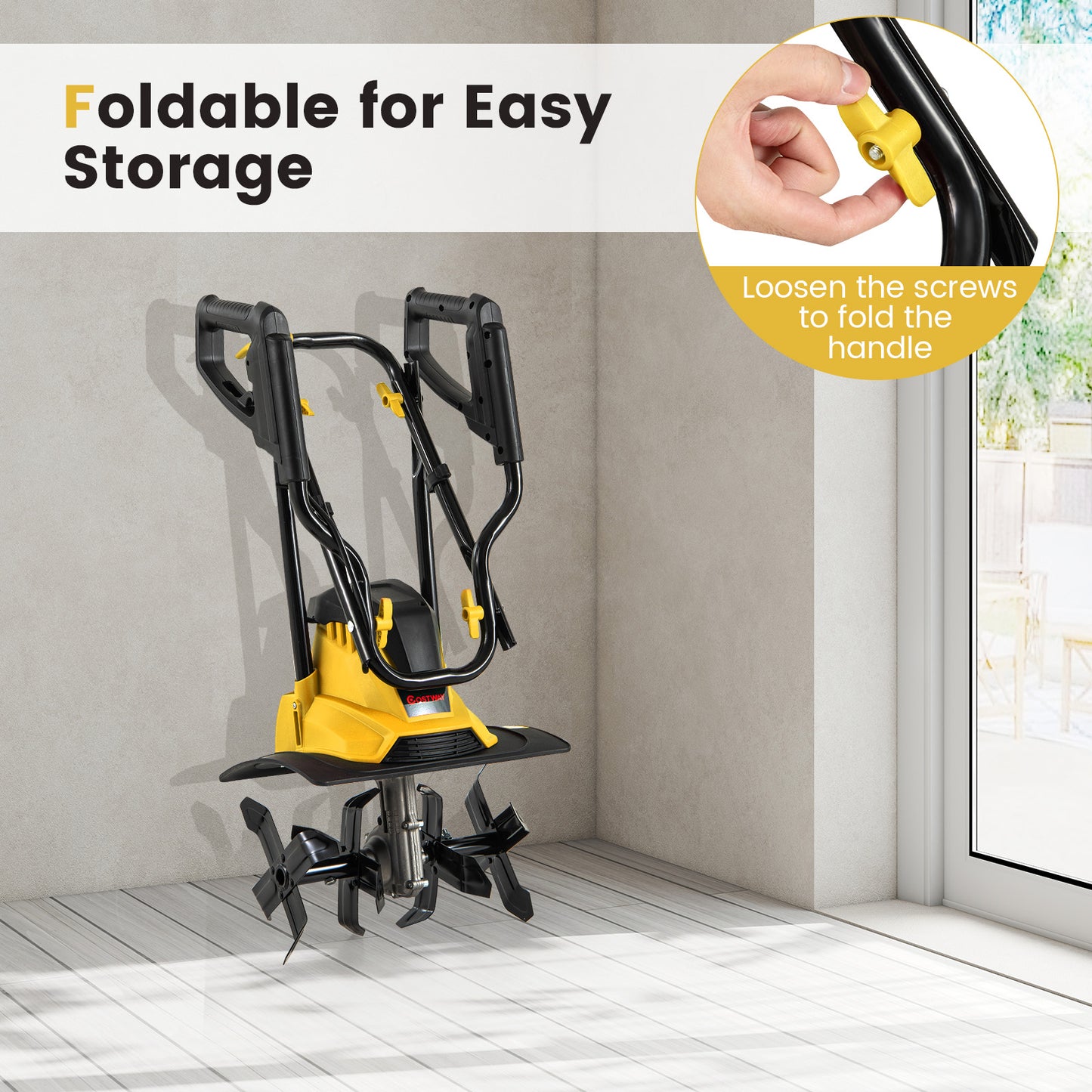 10 Amp Powerful Corded Electric Tiller Cultivator with Safety Lock-Yellow