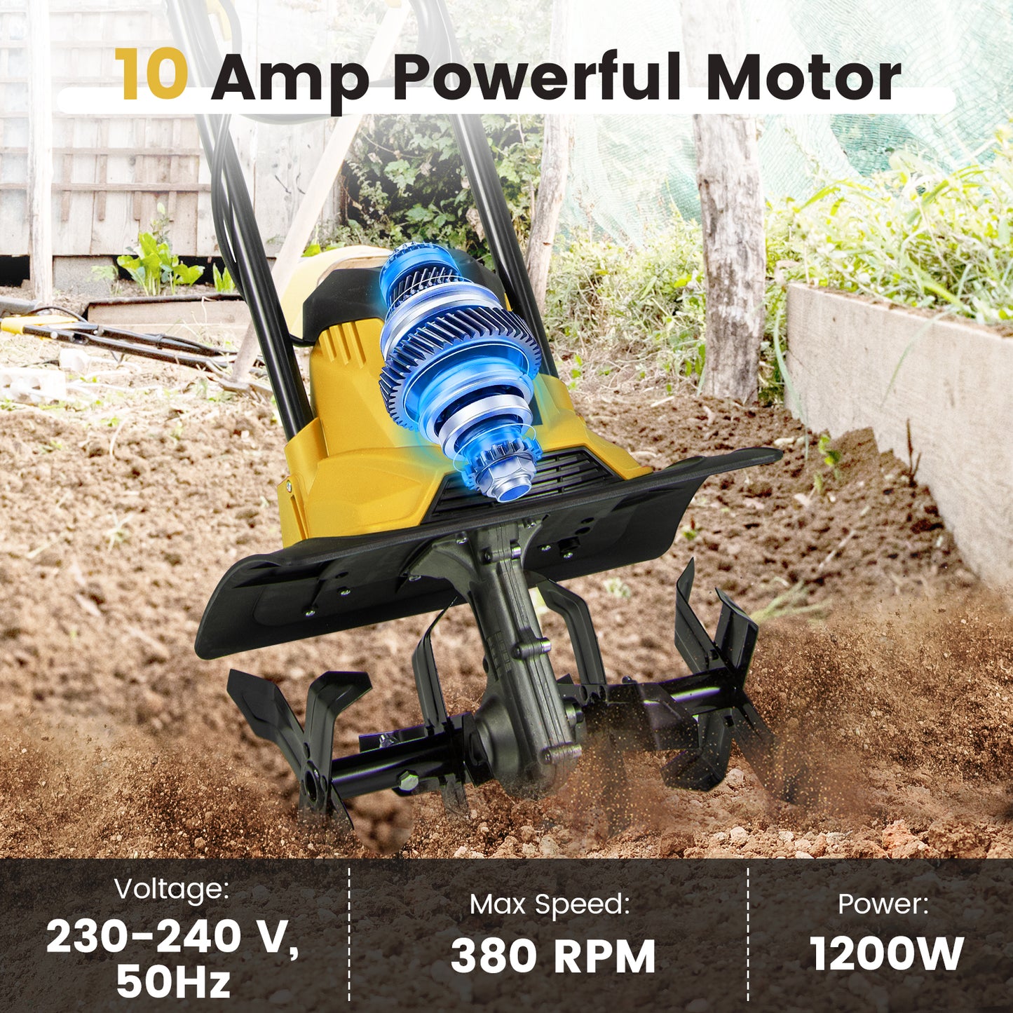 10 Amp Powerful Corded Electric Tiller Cultivator with Safety Lock-Yellow