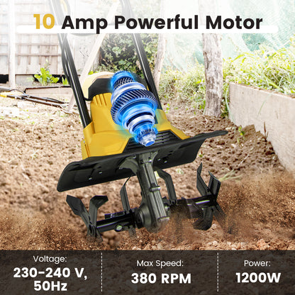 10 Amp Powerful Corded Electric Tiller Cultivator with Safety Lock-Yellow
