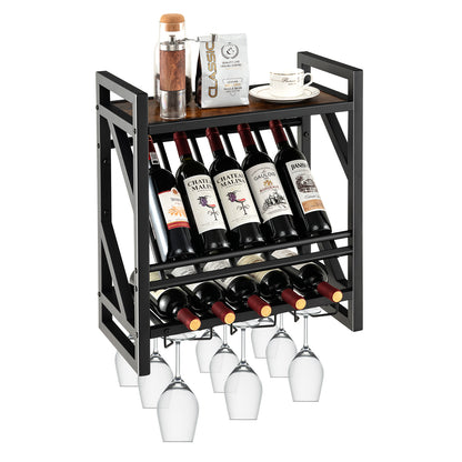 10 Bottles Wall Mounted Wine Rack with Glass Holder