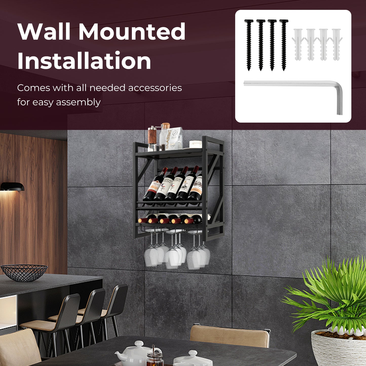 10 Bottles Wall Mounted Wine Rack with Glass Holder
