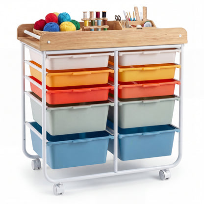 10-Drawer Rolling Cart with Wooden Tabletop and Lockable Wheels for Office-Macaron