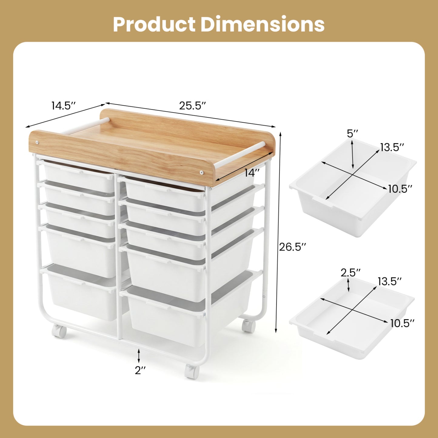 10-Drawer Rolling Cart with Wooden Tabletop and Lockable Wheels for Office-White