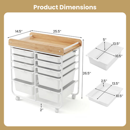 10-Drawer Rolling Cart with Wooden Tabletop and Lockable Wheels for Office-White