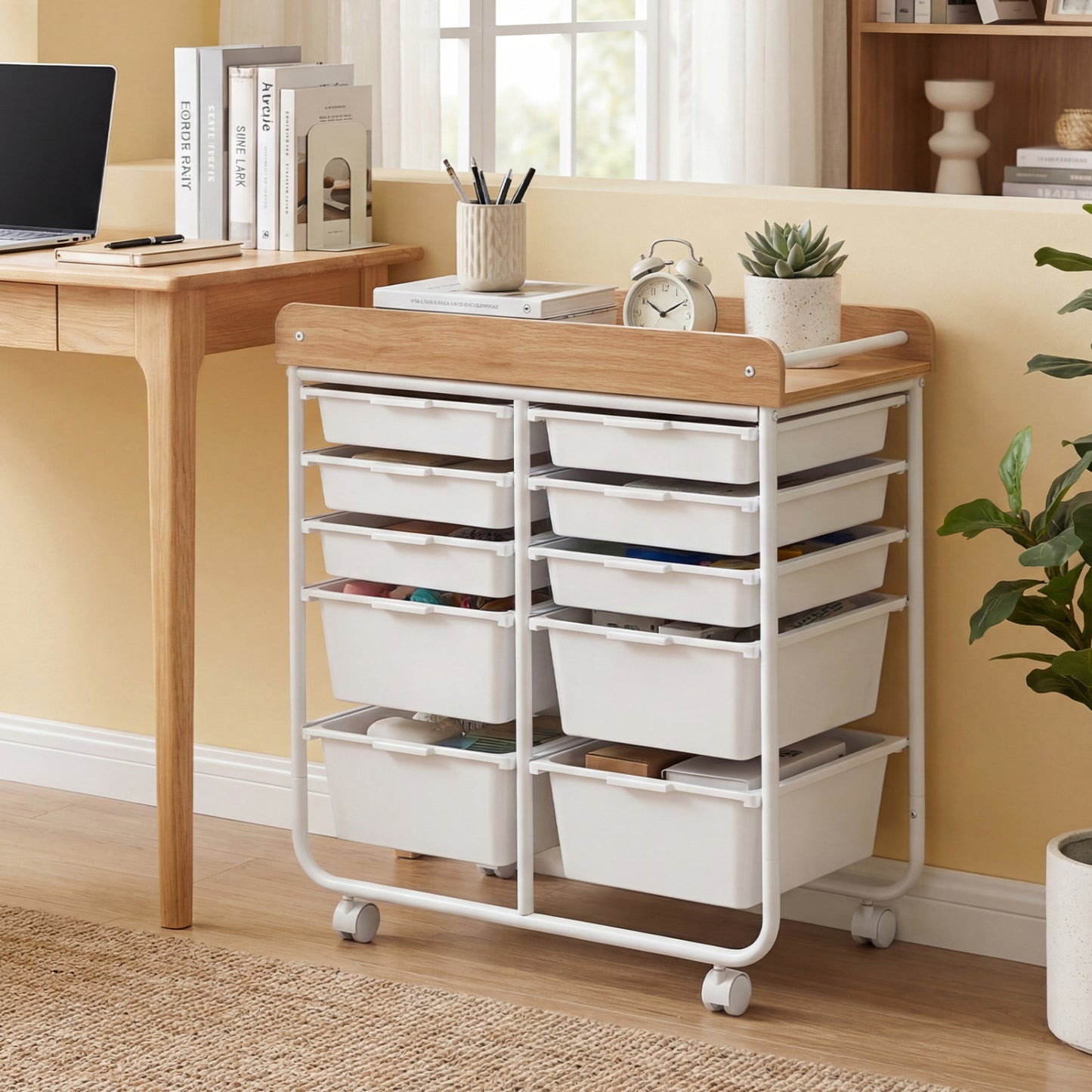 10-Drawer Rolling Cart with Wooden Tabletop and Lockable Wheels for Office-White