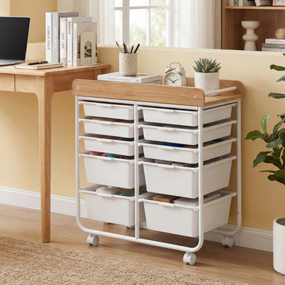 10-Drawer Rolling Cart with Wooden Tabletop and Lockable Wheels for Office-White
