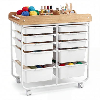 10-Drawer Rolling Cart with Wooden Tabletop and Lockable Wheels for Office-White
