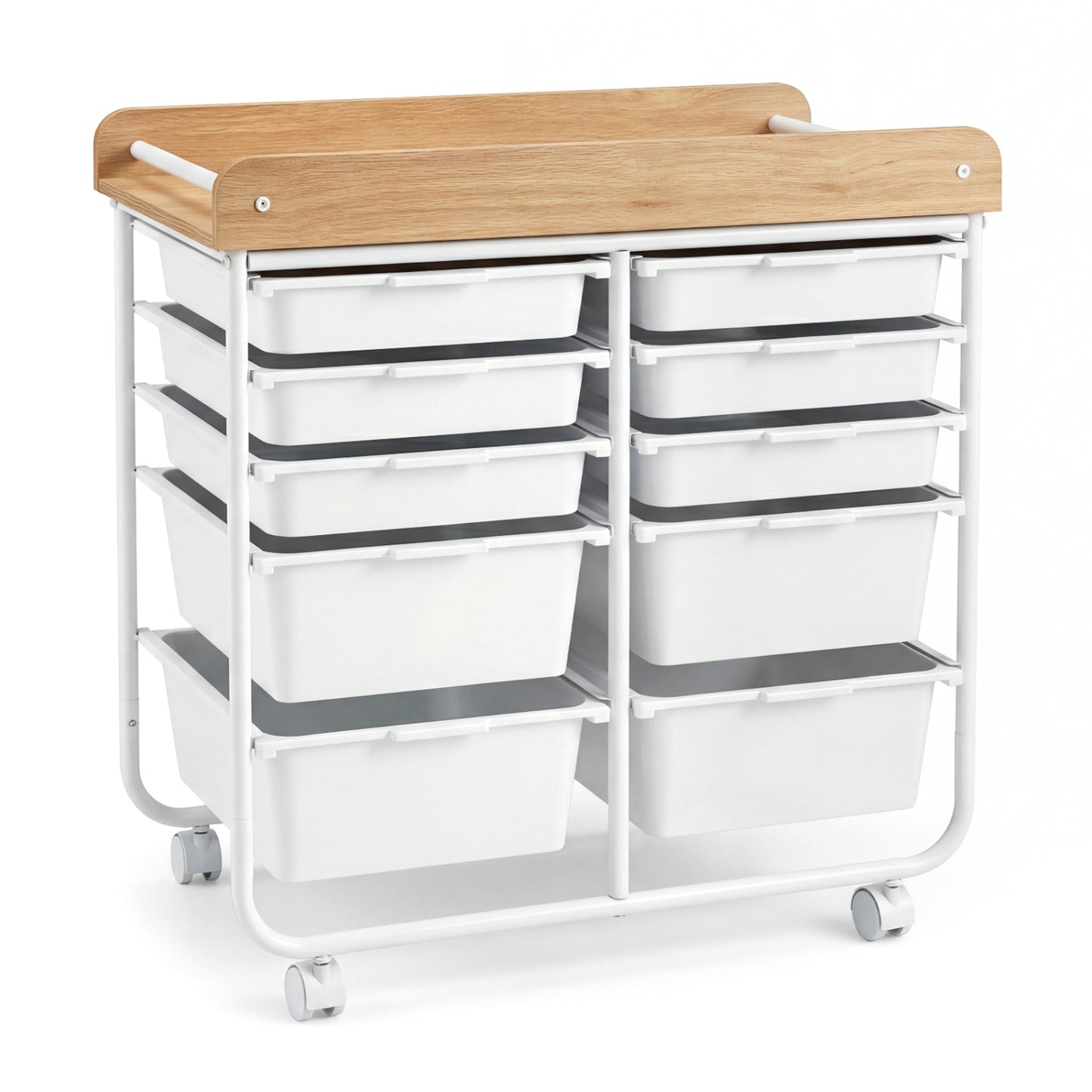 10-Drawer Rolling Cart with Wooden Tabletop and Lockable Wheels for Office-White