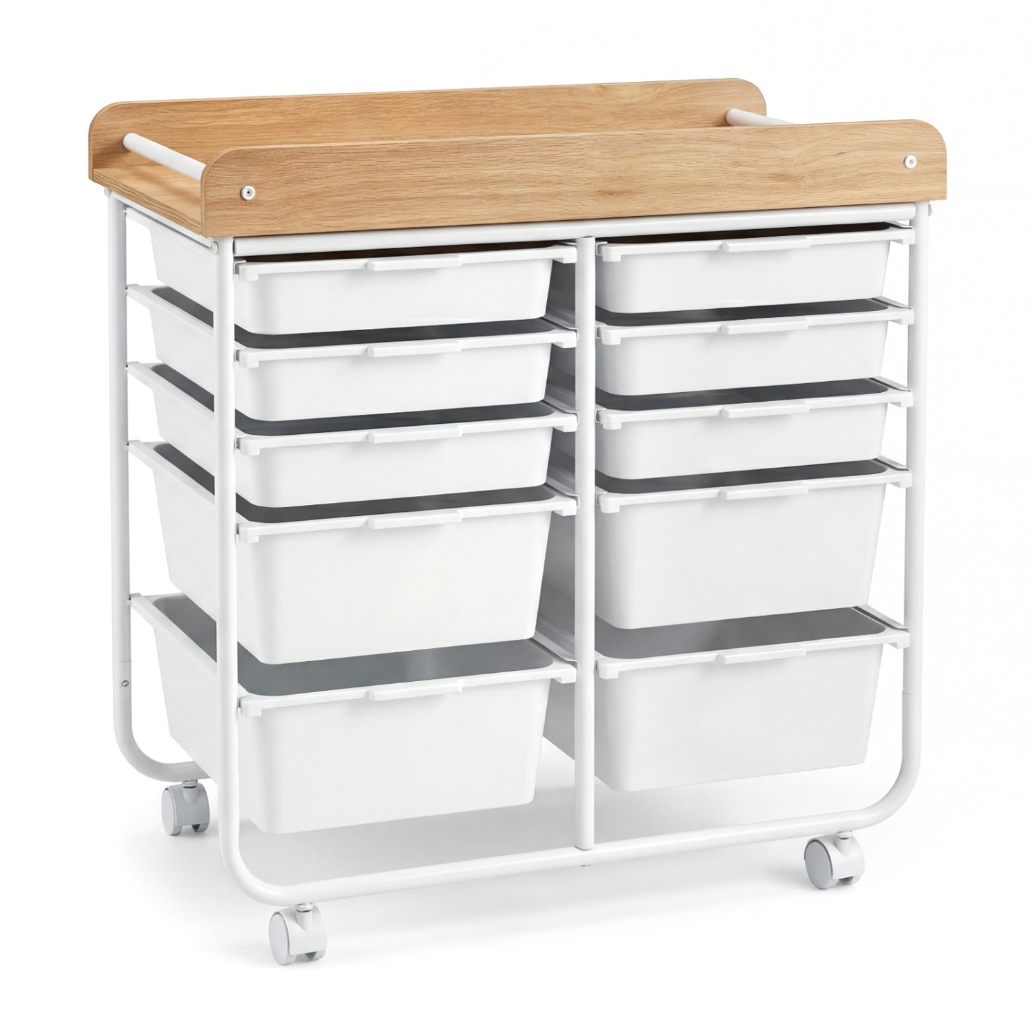 10-Drawer Rolling Cart with Wooden Tabletop and Lockable Wheels for Office-White