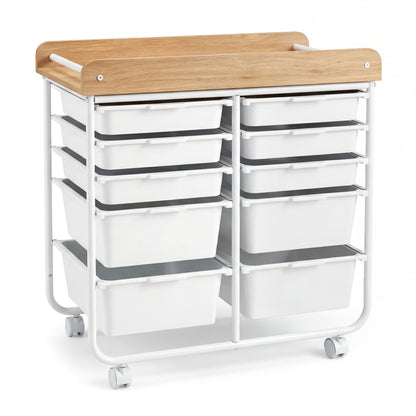10-Drawer Rolling Cart with Wooden Tabletop and Lockable Wheels for Office-White
