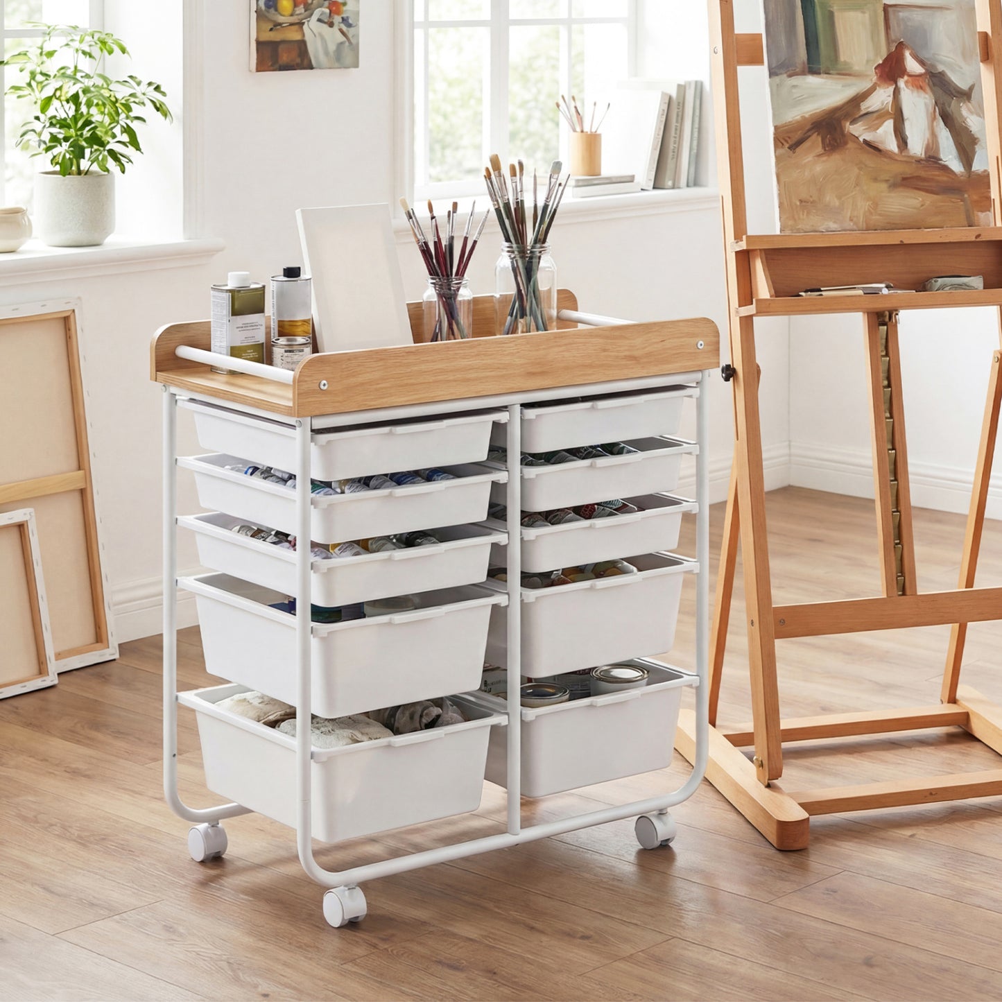 10-Drawer Rolling Cart with Wooden Tabletop and Lockable Wheels for Office-White