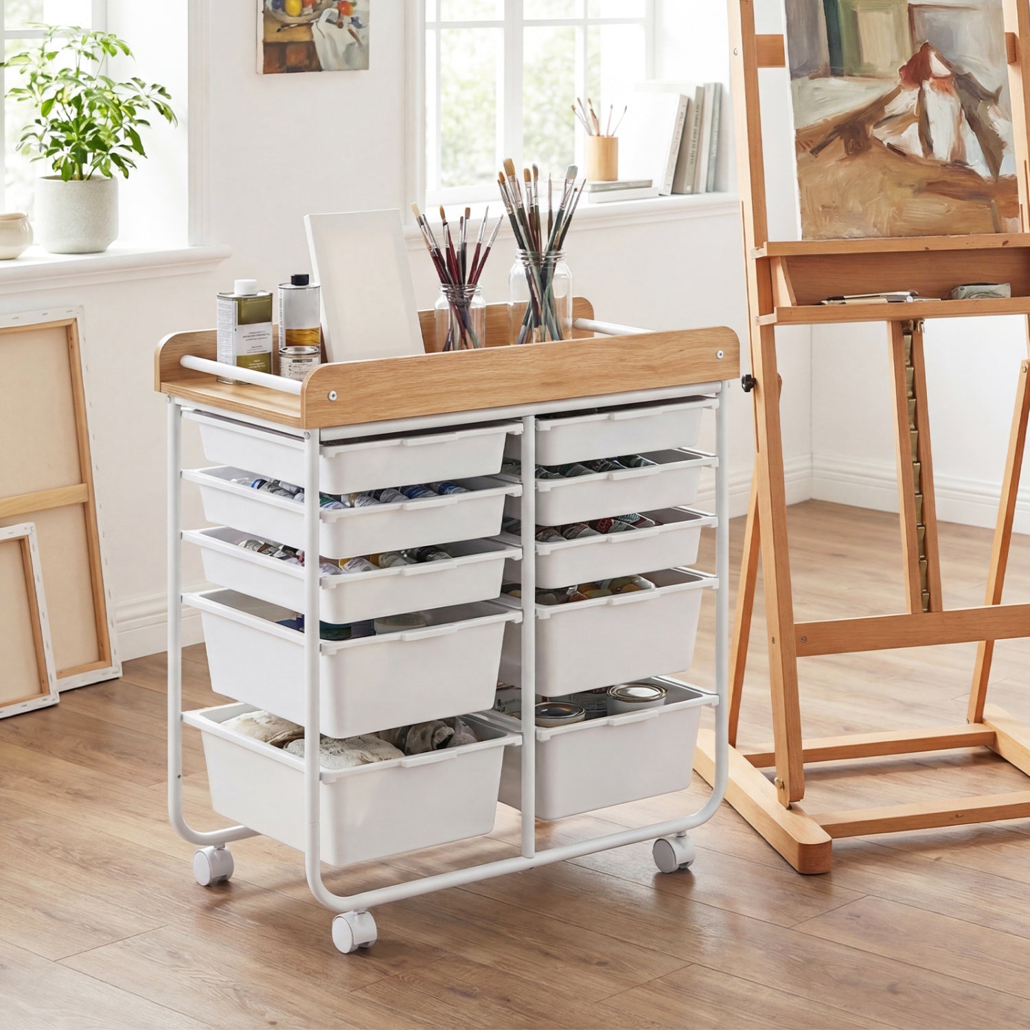 10-Drawer Rolling Cart with Wooden Tabletop and Lockable Wheels for Office-White