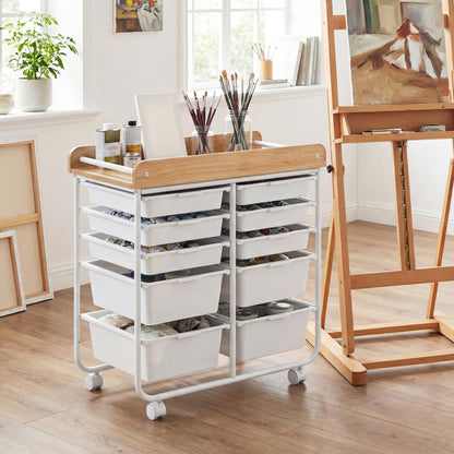 10-Drawer Rolling Cart with Wooden Tabletop and Lockable Wheels for Office-White