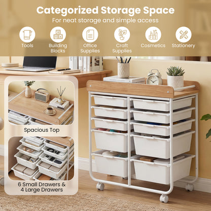 10-Drawer Rolling Cart with Wooden Tabletop and Lockable Wheels for Office-White