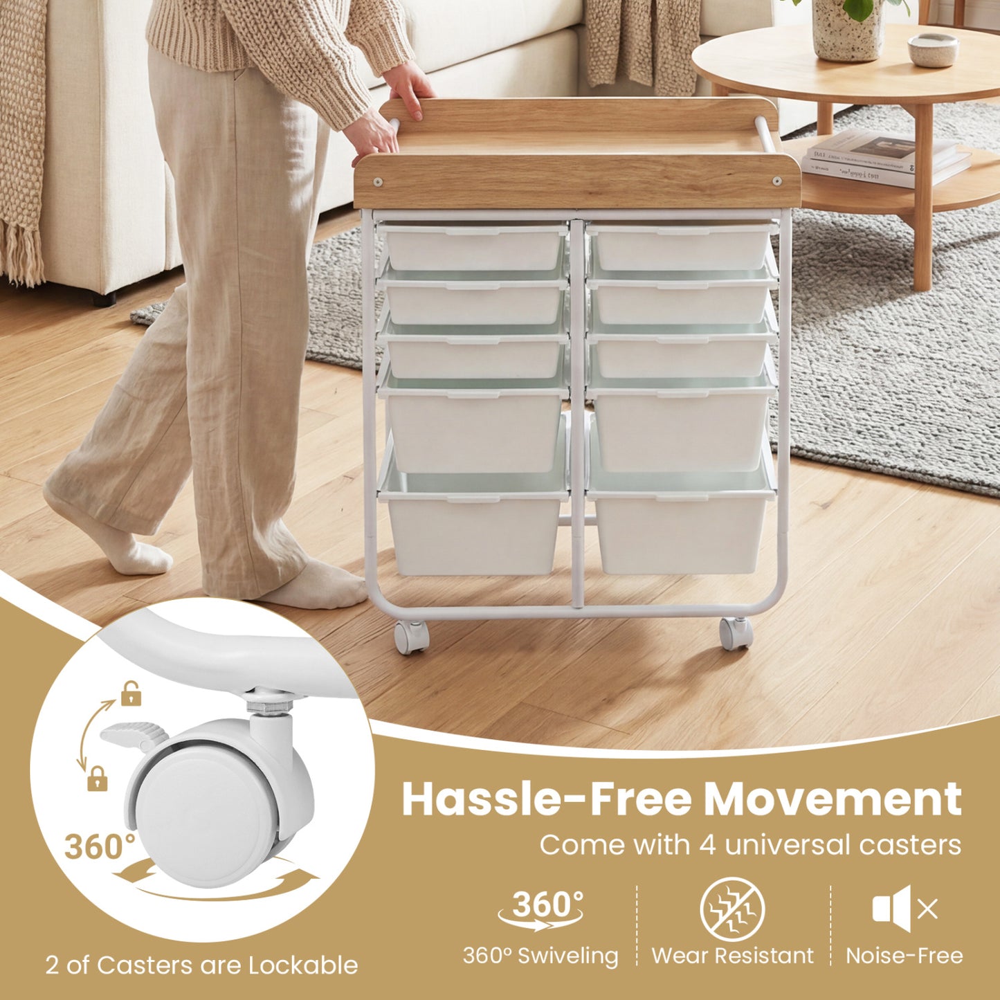 10-Drawer Rolling Cart with Wooden Tabletop and Lockable Wheels for Office-White