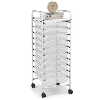 10 Drawer Rolling Storage Cart Organizer with 4 Universal Casters-Pink - Clear