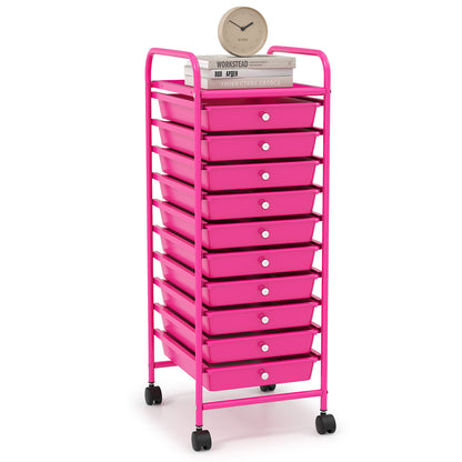 10 Drawer Rolling Storage Cart Organizer with 4 Universal Casters-Pink - Pink