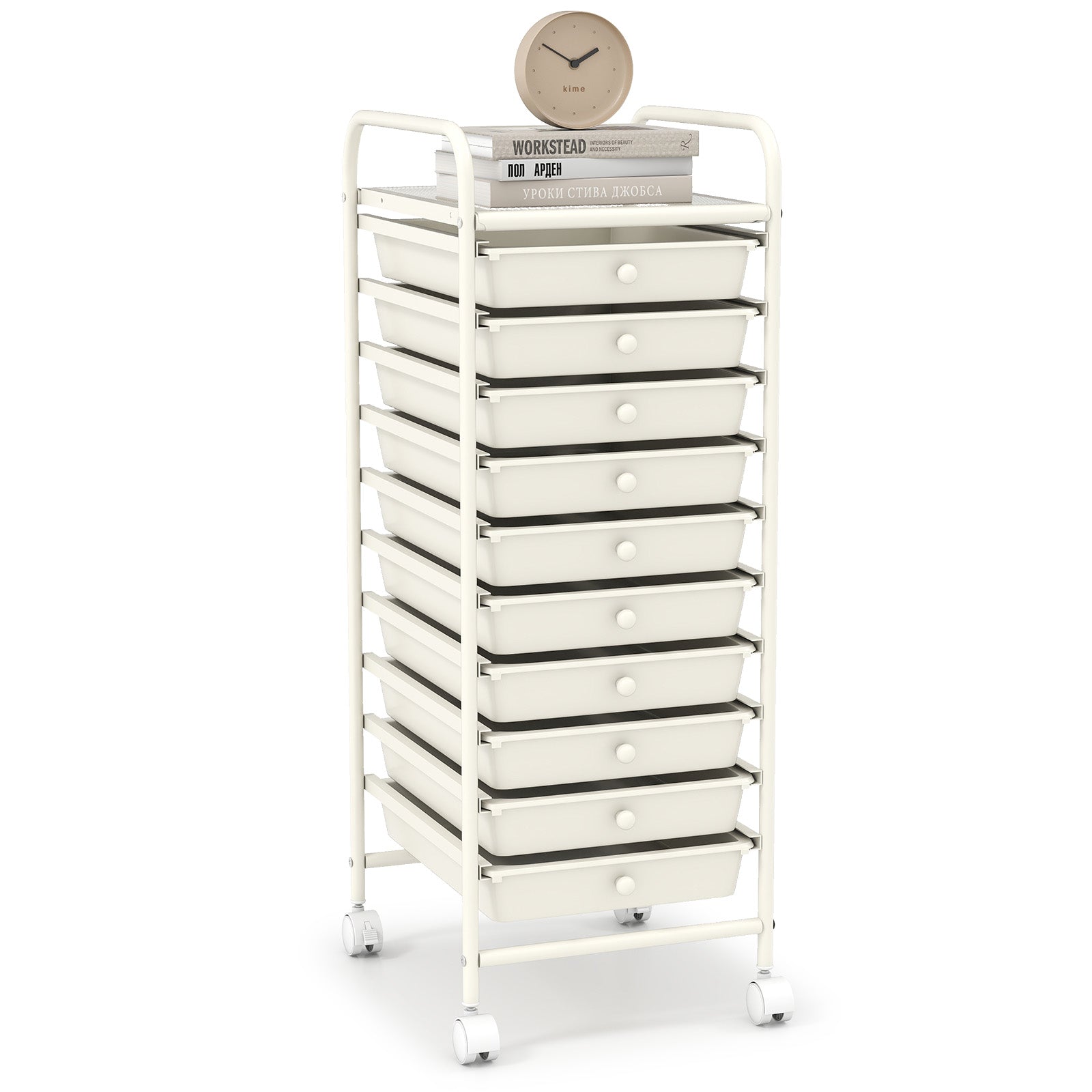 10 Drawer Rolling Storage Cart Organizer with 4 Universal Casters-Pink - White