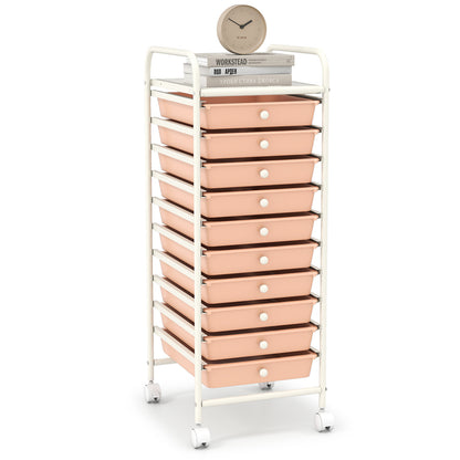 10 Drawer Rolling Storage Cart Organizer with 4 Universal Casters-Pink - Cherry