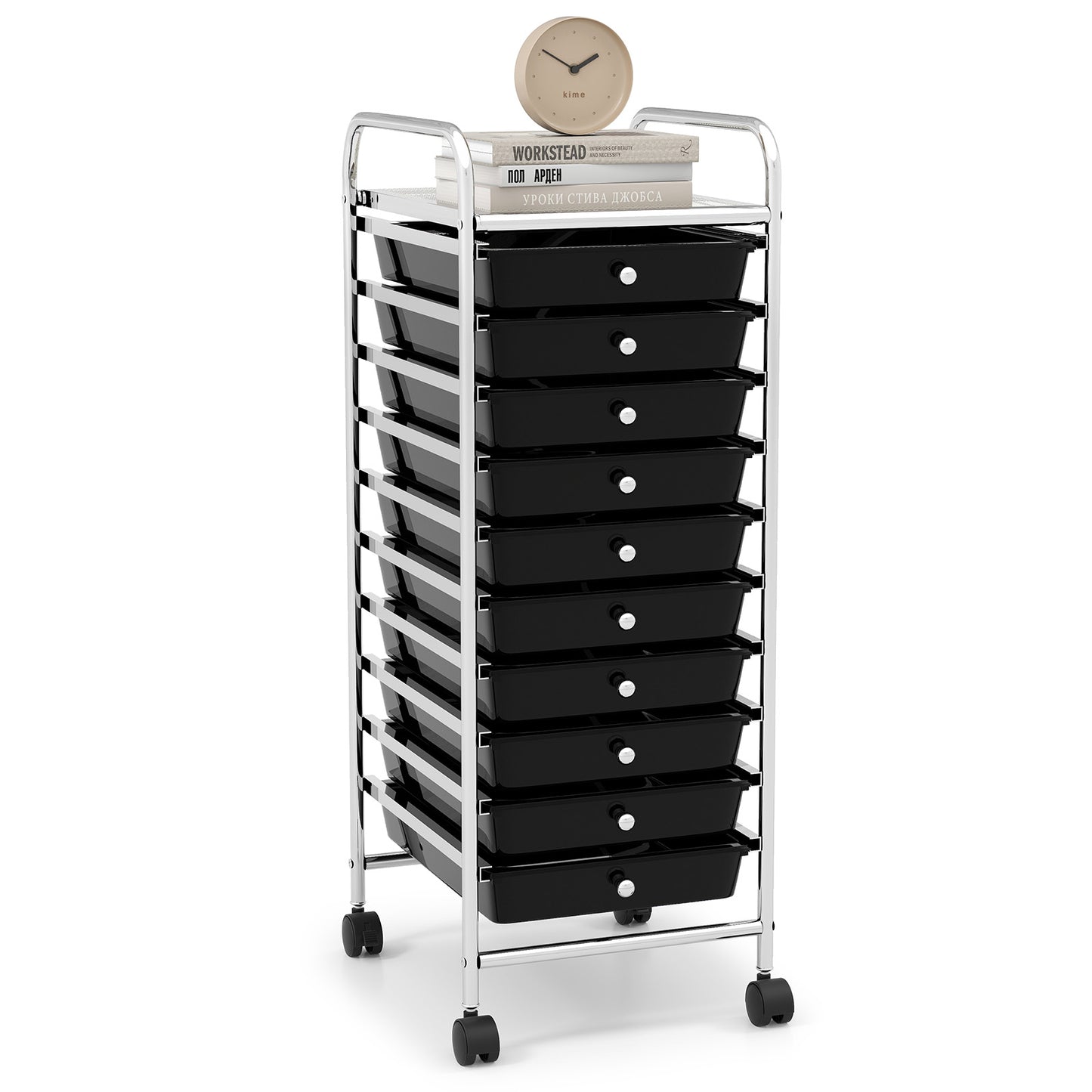 10 Drawer Rolling Storage Cart Organizer with 4 Universal Casters-Pink - Black