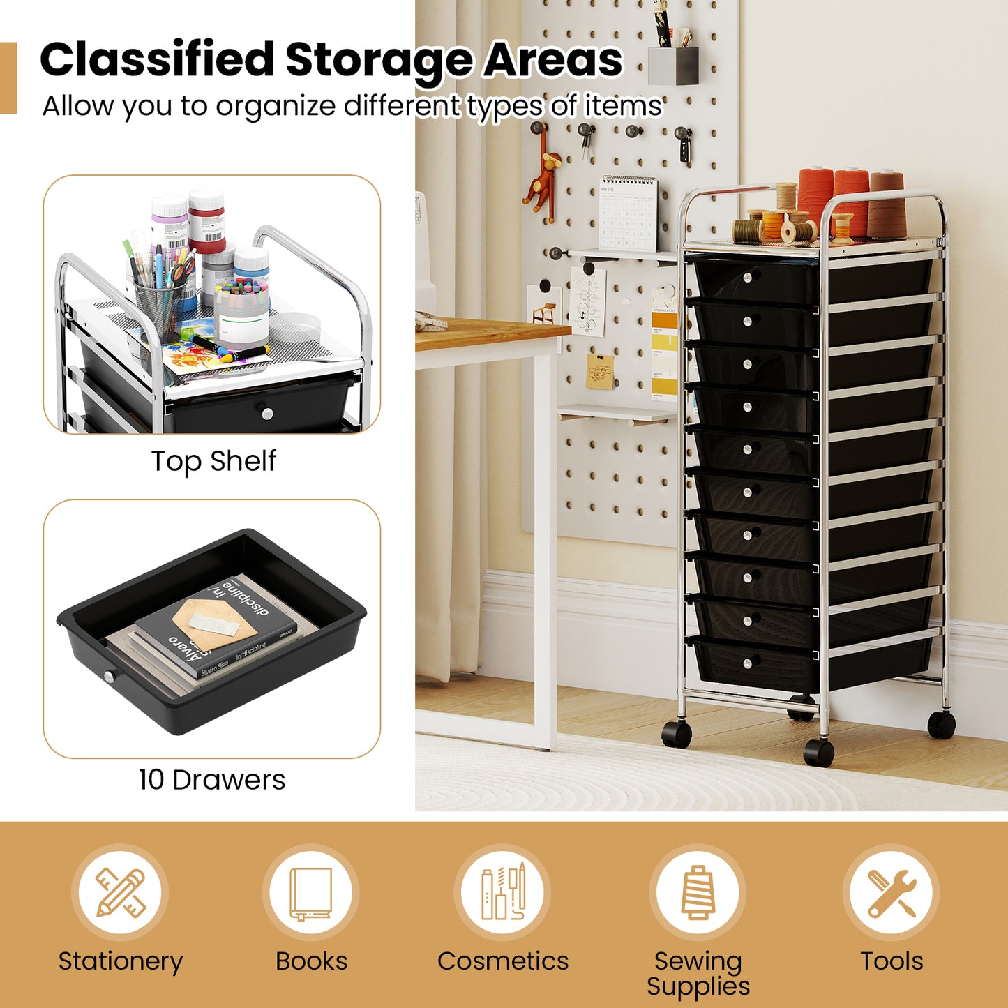 10-Drawer Rolling Storage Cart with Metal Frame and Lockable Universal Wheels-Black
