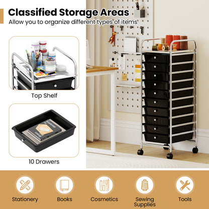 10-Drawer Rolling Storage Cart with Metal Frame and Lockable Universal Wheels-Black