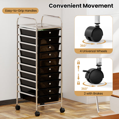 10-Drawer Rolling Storage Cart with Metal Frame and Lockable Universal Wheels-Black