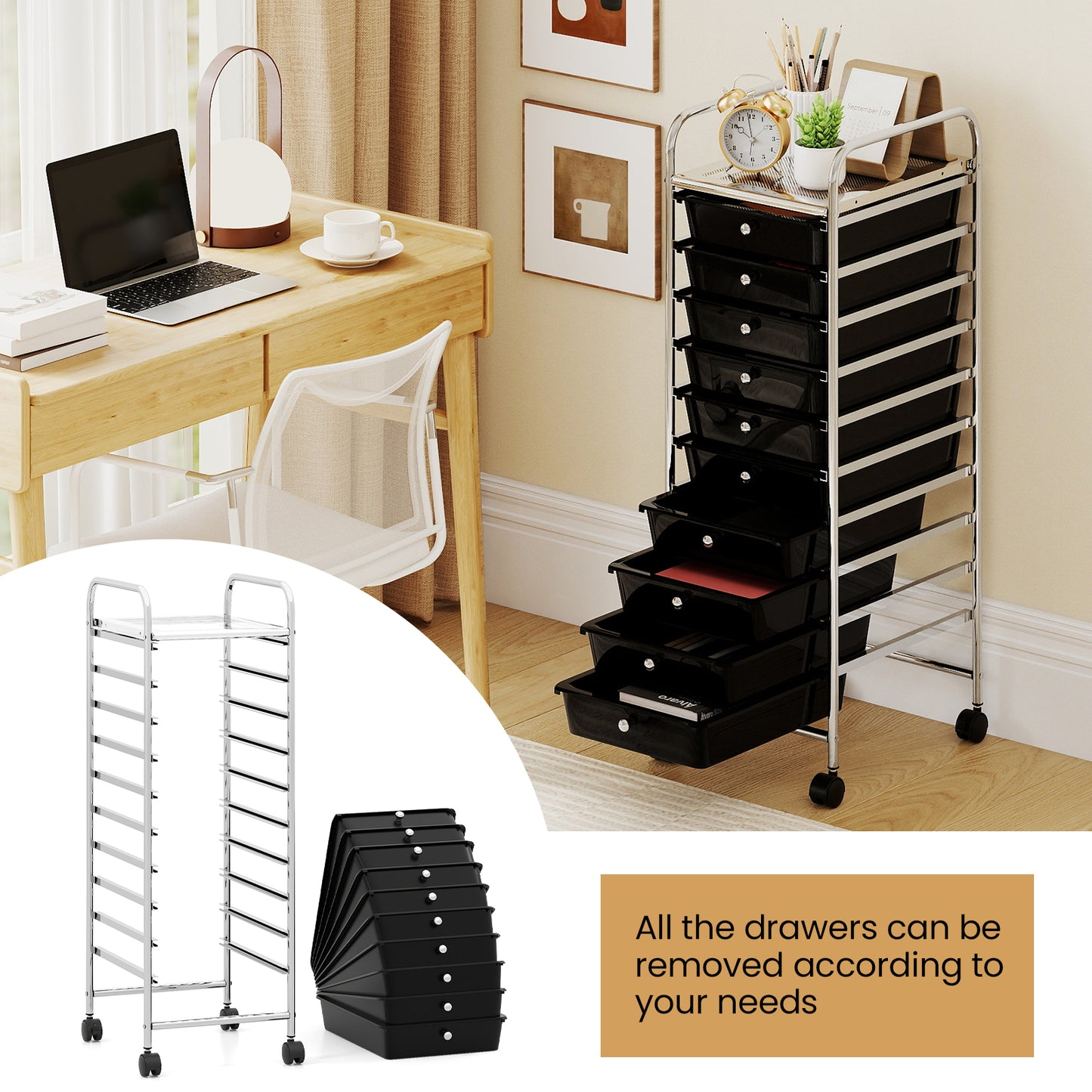 10-Drawer Rolling Storage Cart with Metal Frame and Lockable Universal Wheels-Black