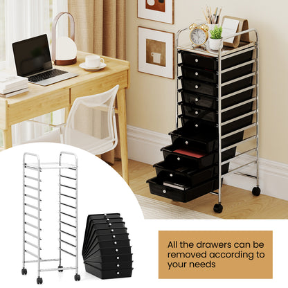 10-Drawer Rolling Storage Cart with Metal Frame and Lockable Universal Wheels-Black