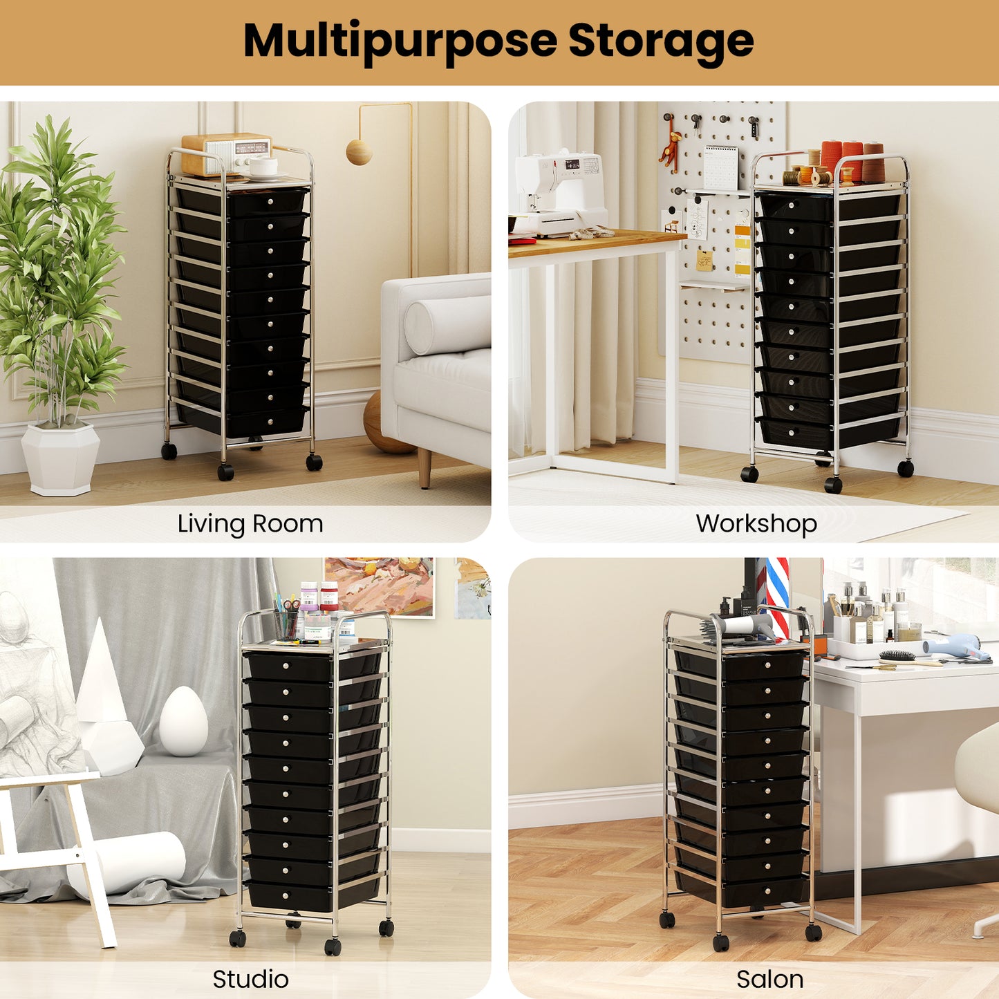 10-Drawer Rolling Storage Cart with Metal Frame and Lockable Universal Wheels-Black