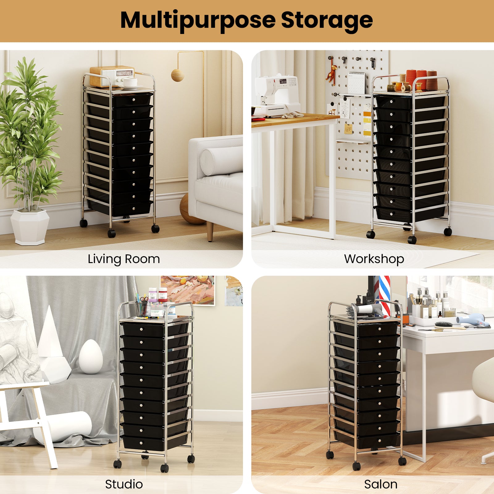 10-Drawer Rolling Storage Cart with Metal Frame and Lockable Universal Wheels-Black