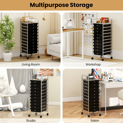 10-Drawer Rolling Storage Cart with Metal Frame and Lockable Universal Wheels-Black