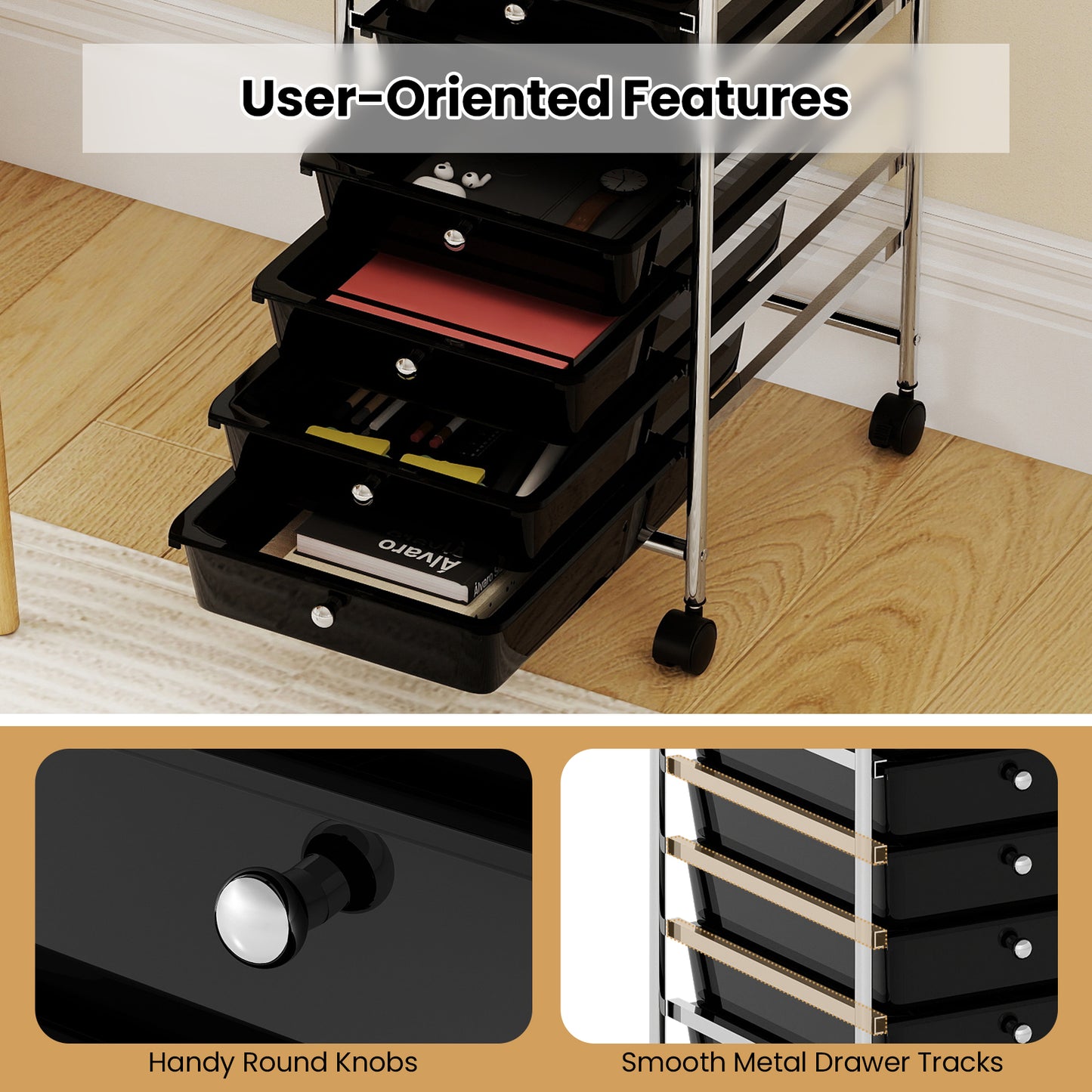 10-Drawer Rolling Storage Cart with Metal Frame and Lockable Universal Wheels-Black