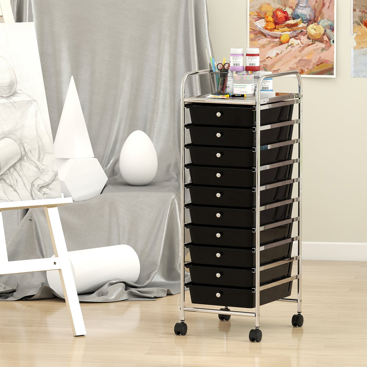 10-Drawer Rolling Storage Cart with Metal Frame and Lockable Universal Wheels-Black