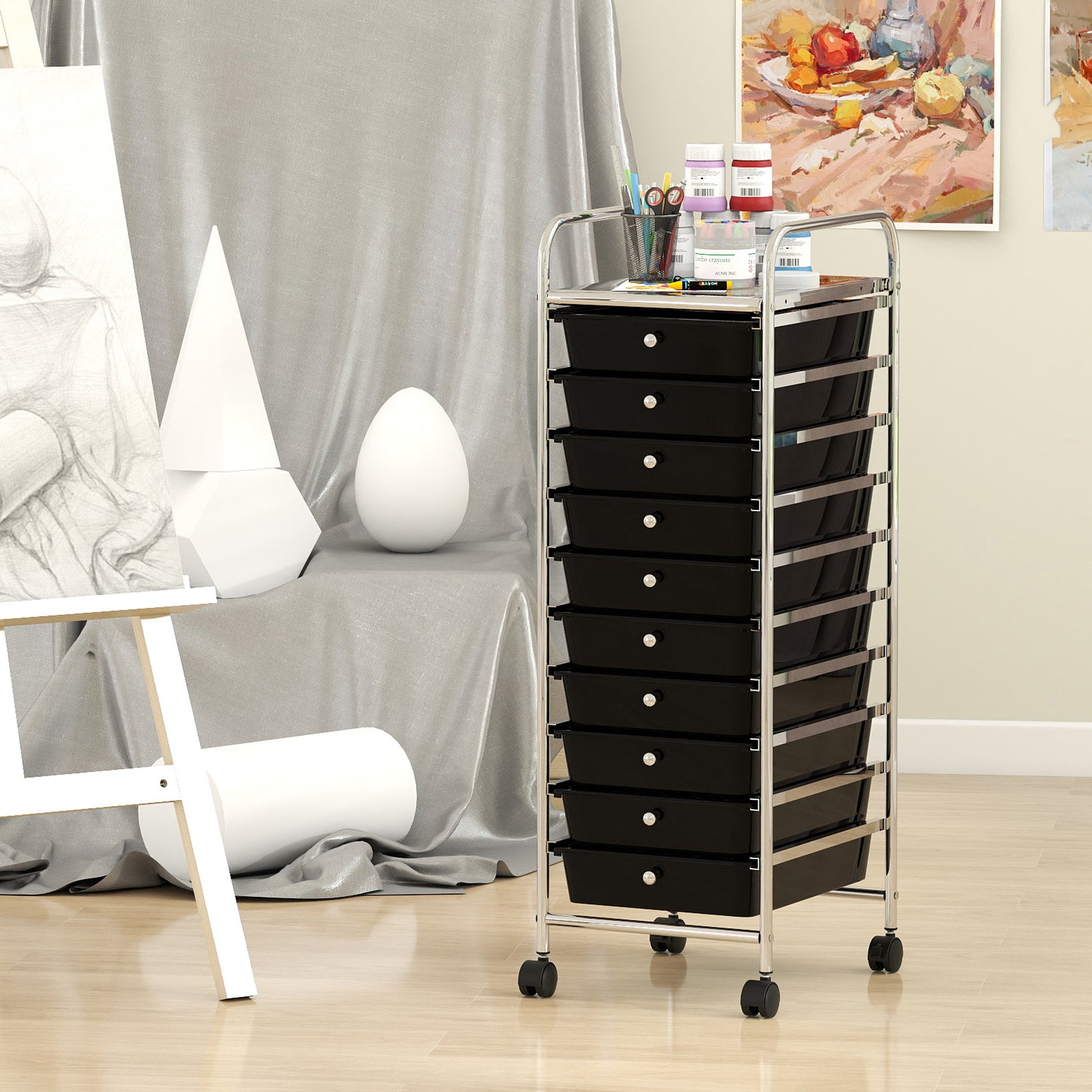 10-Drawer Rolling Storage Cart with Metal Frame and Lockable Universal Wheels-Black