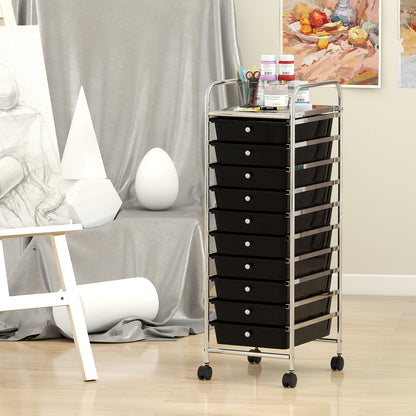 10-Drawer Rolling Storage Cart with Metal Frame and Lockable Universal Wheels-Black