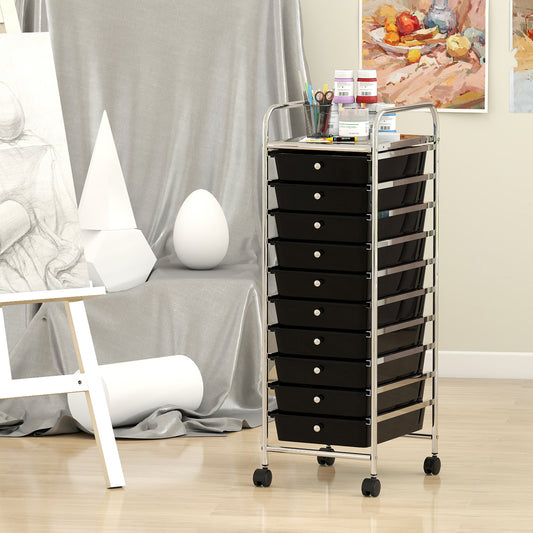 10-Drawer Rolling Storage Cart with Metal Frame and Lockable Universal Wheels-Black